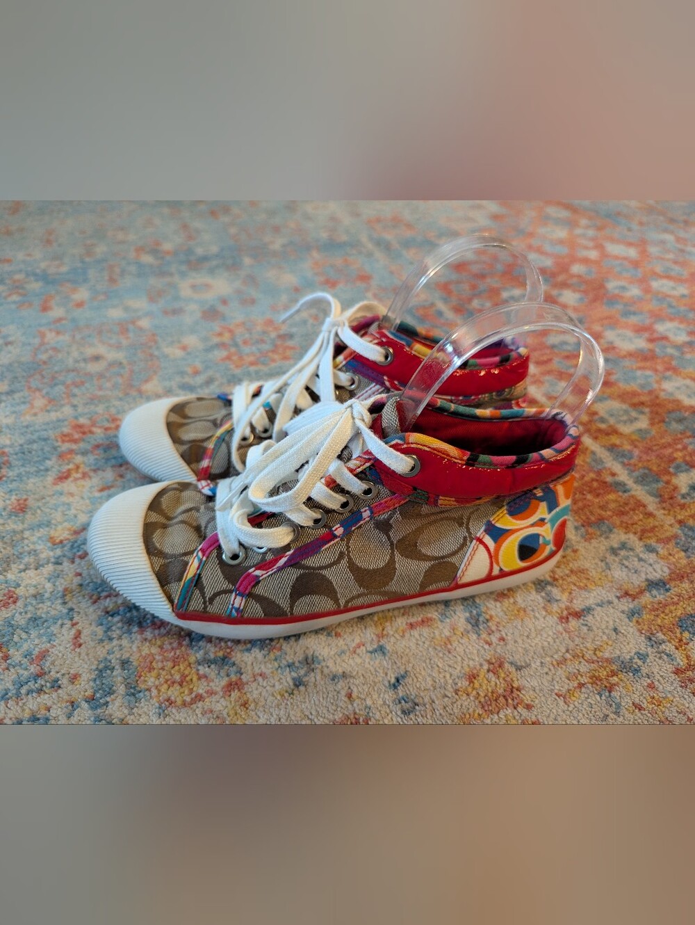 Y2K Coach Women's 6.5 B Zoe Jacquard Canvas Sneakers C Logo Colorful Panel